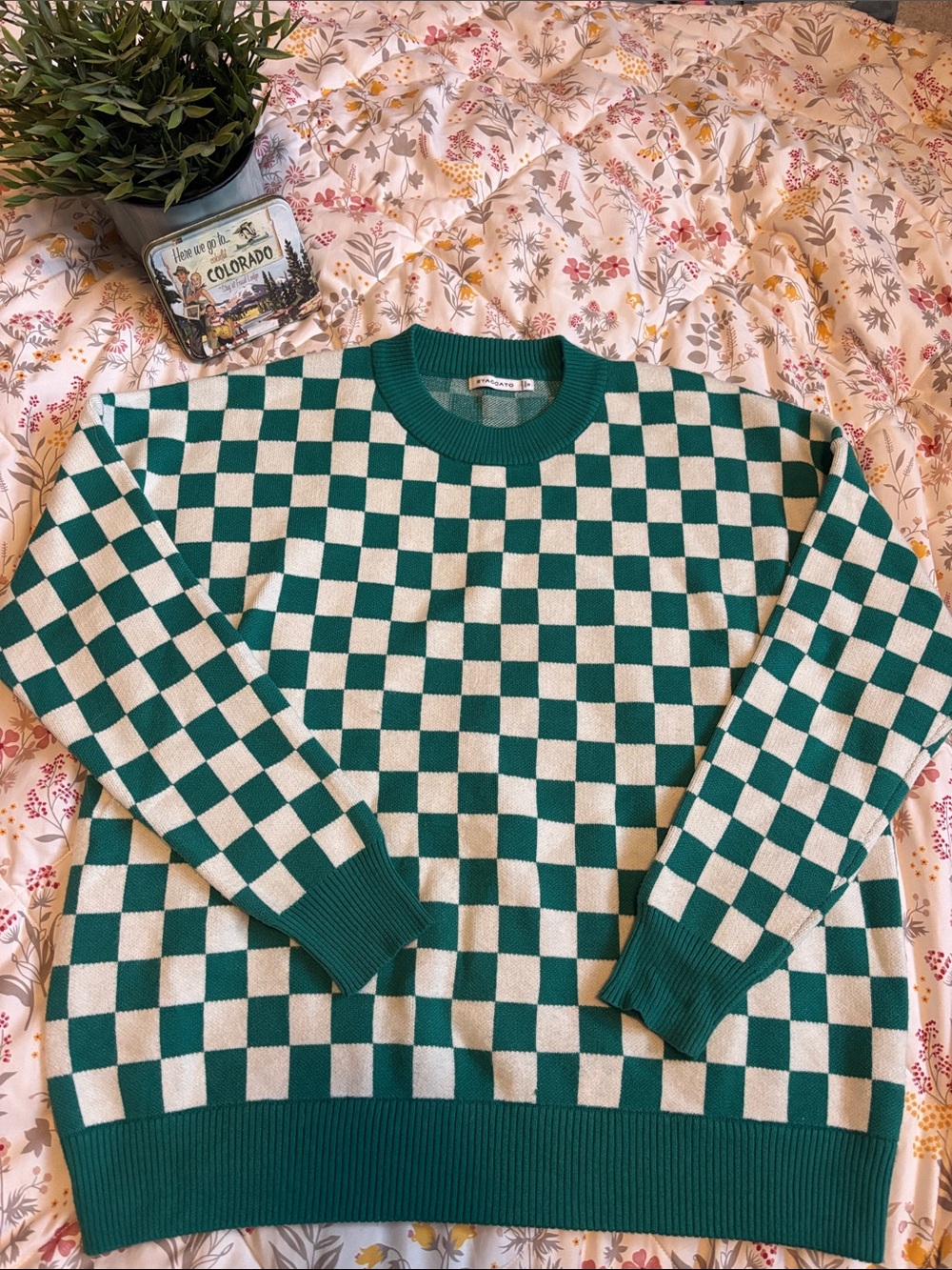 2-$30 or 1-$20 Staccato Green & Cream Checkerboard Crewneck Sweater